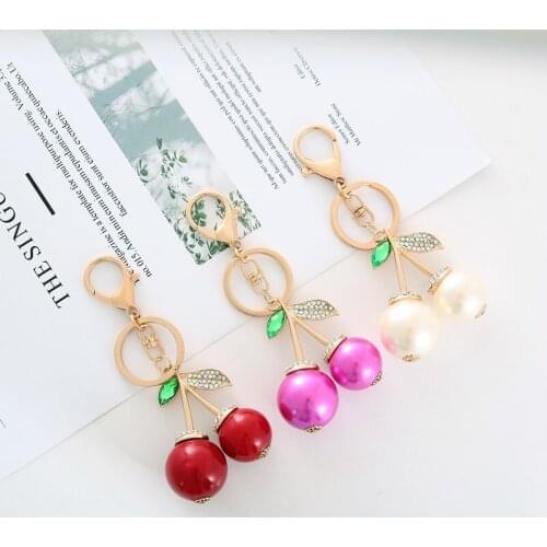 Red Cherry Keychain Keyring Crystal Rhinestone Cute Fruit Female Bag Pendant Accessories Key Chain Ring Holder Jewelry
