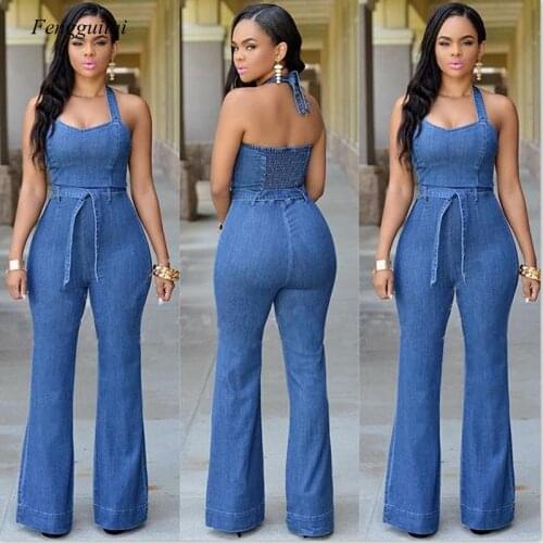 Summer Womens Fashion Denim Suspender Jumpsuit Halter Sexy Bodysuit with Belt Clothing
