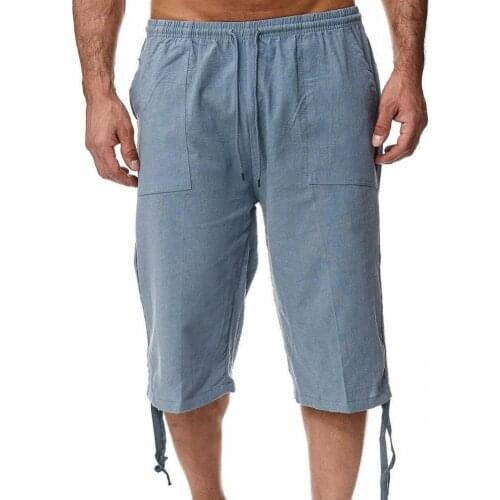 50% Hot SalesCapri Pants Solid Color Drawstring Men Multi Pockets Straight Leg Sweatpants for Sports