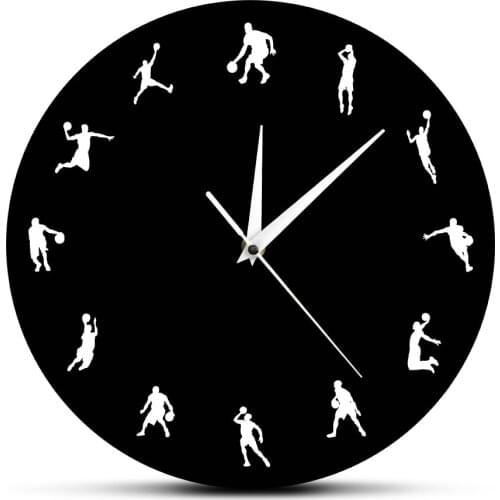 Basketball Players Silhouette Wall Clock Basketball Slam Dunk Post Teenager Room Wall Decor Watch Basketball Lover Gifts For Boy