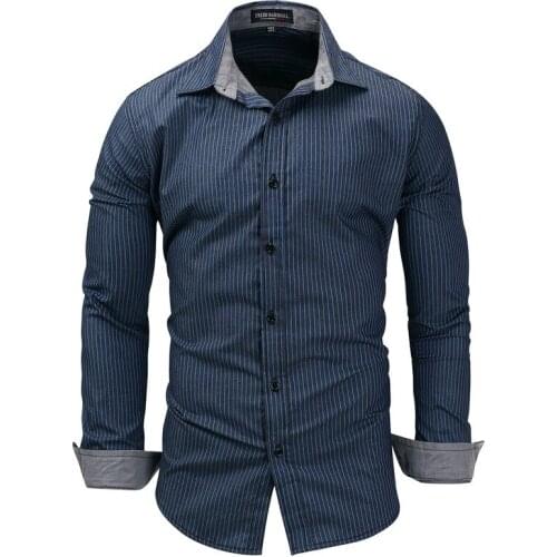 New Plus Size Shirt Mens Denim Long-sleeved Shirt Striped Shirt
