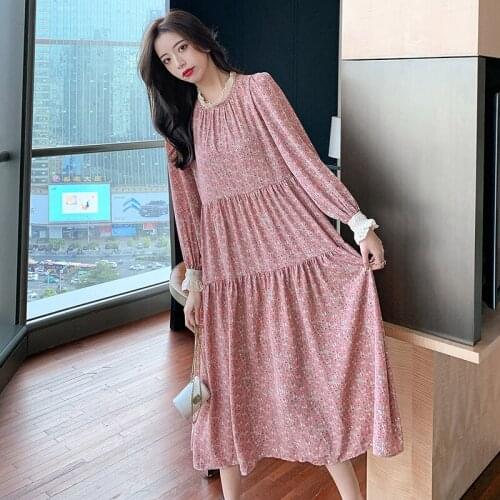 2021 Brand New Lace Collar Long Sleeve Belted Long Dress Loose Casual Floral Printing Cute Maternity Dress Vestidos De Mujer