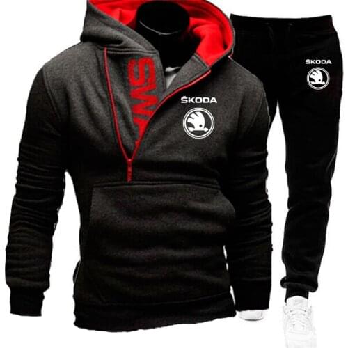 2021 NEW Autumn winter Hooded sweatshirt set Side zipper Skoda car logo print Hoodie+pants Casual sports 2-piece set