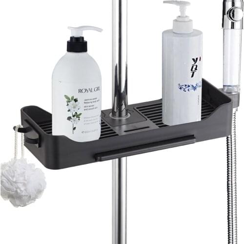Durable Multi Functional ABS Plastic Hotel Toilet Black Single Tier Shower Rack Bathroom Shelves With Strike-Off Board