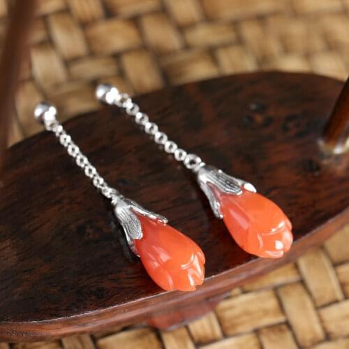 S925 Sterling Silver Southern Red Agate Flower Stud Earrings Retro Personality Natural Hetian Jade Magnolia Temperament Earrings