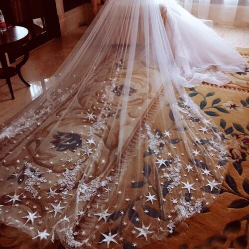 PEORCHID 2020 3M/4M Star Wedding Veil Cathedral Long 2 Layer Applique Lace Bridal Veil Wedding Accessories Voal Mireasa