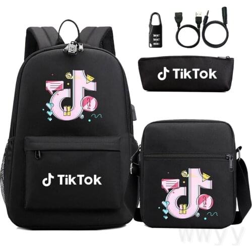 TIK TOK School Backpack Shoulder Bag Teenager Girls 3pcs Set StudentsSchool Bag Travel Bag Pen Bags Messenger Bag