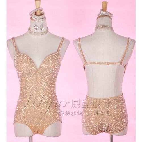 Latin Dance Tops Women Rhinestone Tops Skin Color Leotard Dancing Clothes Ballroom Competition Costume Wear Salsa Dress BL2139