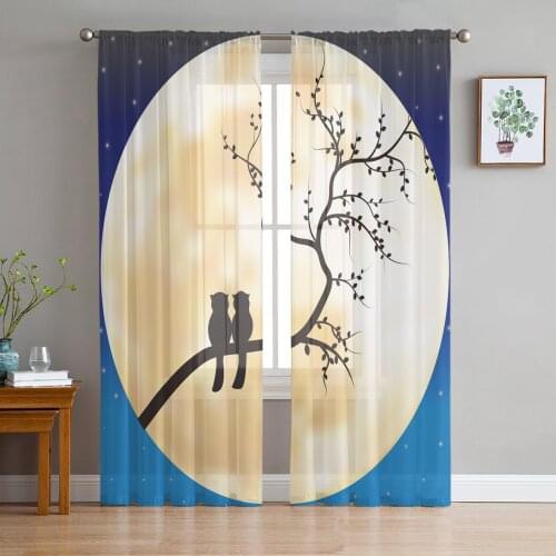 Owl Silhouette Moon Branch Window Curtains Living Room Tulle Curtains Kitchen Decor Kids Room Curtain Window Treatment