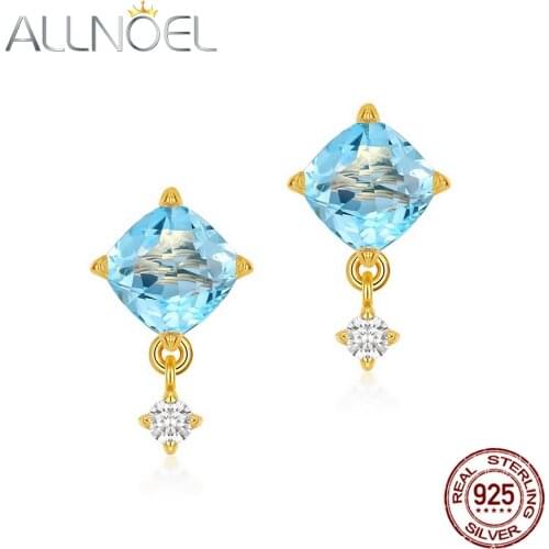 ALLNOEL Sterling Silver 925 Earrings For Women Natural Sky Blue Topaz 5A White Zircon Luxury Wedding Engagement Fine Jewelry
