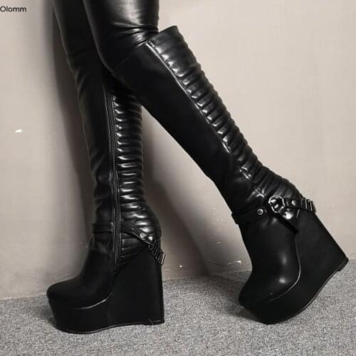 Olomm New Women Knee High Boots Sexy Wedges High Heels Boots Nice Round Toe Gorgeous Black Party Shoes Women Plus US Size 5-15