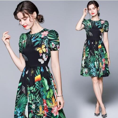 Dropshipping Summer Fall Floral Print Crew Neck Short Puff Sleeve Empire Waist Women Ladies Party Casual Beach Midi Dress