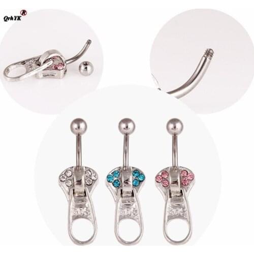 1PC Punk Wind Crystal Zipper Navel Ring Stainless Steel Belly Button Ring Creative Dangle Navel Belly Piercing Ombligo