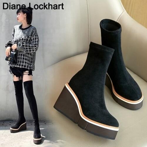 2020 Over The Knee Boots Winter Women Boots Wedge High Heel Slip On Elastic Flock Motorcycle Boots Platform booties Botas Mujer