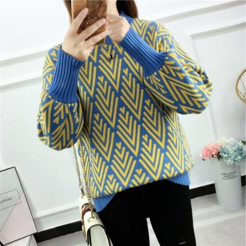 2021 Sweater Womens Loose Turtleneck Lantern Sleeve Half Turtleneck Sweater Student Jacquard Thin Top