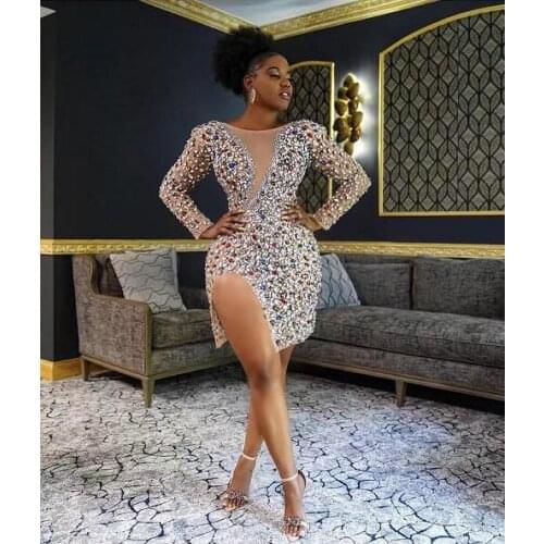 Sparkly Colorful Rhinestones Transparent Dress Prom Evening Sexy See Through Multicolor Crystals Costume Birthday Party Dress