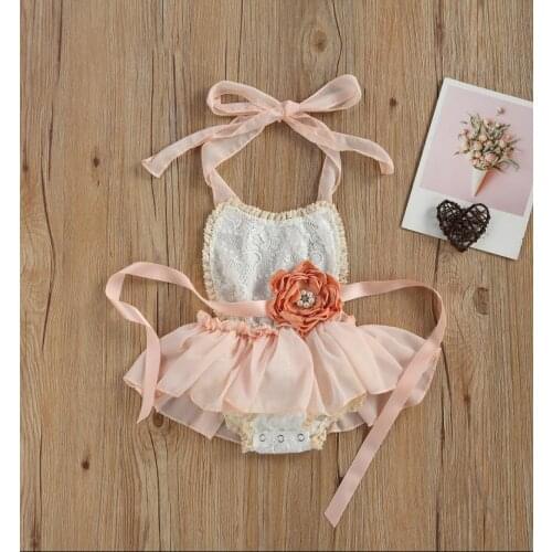 Newborn Baby Girl Lace Floral Bodysuits Dress Jumpsuit 3D Flower Belt Halter Baby Bodysuits Outfits Clothes Set 0-24 Months