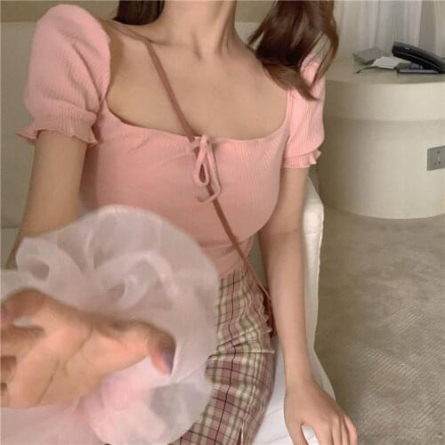 Woman TShirts Square Collar Short T-shirt Womens Short Sleeve Slim-Fit Knitted Top Crop Top Mujer Camisetas