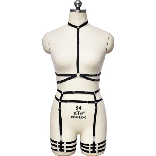 Gothic Black Body Harness Cage Sexy Lingerie Set Pole Dance Bondage Leg Garter Pink Women Crop Top Body Cage Bralette