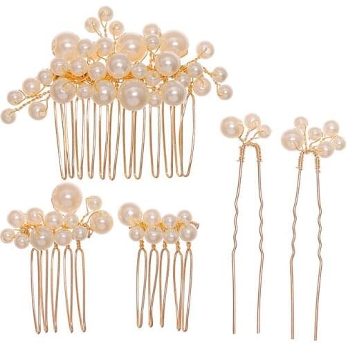 5PCS Gold Color Hair Combs and Pins Head Decoration Wedding Hair Accessories Pearl Women Handmade Hair Jewelry Ornament