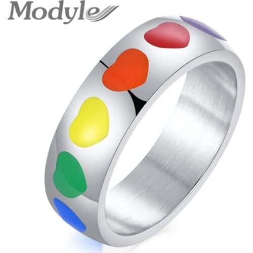 Modyle 2021 New Silver Color Stainless Steel Rainbow LGBT Pride Rings for Women Men Fashion Heart Wedding Male Jewelry