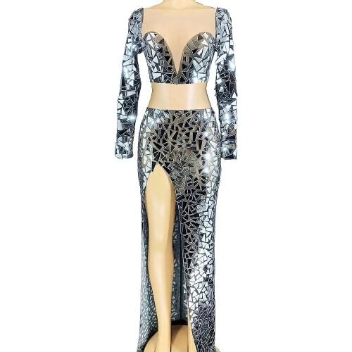 Mirror Sequins Two-Piece Suit Long Sleeve Cropped Top High Split Fork Dress Mesh Gauze Nightclub Dance Show Wear Party Costume