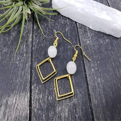 Lightweight Geometric White and Gold Gemstone Dangle Earrings, Hypoallergenic White Quartzite Earrings with Gold Plated Brass