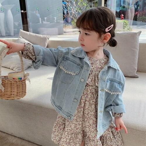 Fashion Kids Clothes Pearls Beading Denim Jacket For Baby Girls Spring Autumn Children Clothing Outerwear Jean Jackets Coat