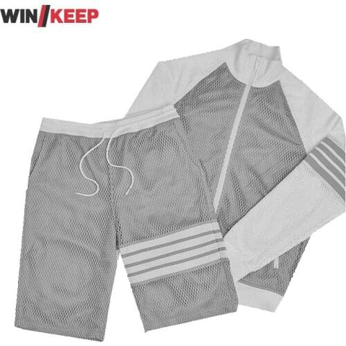 Mens Sportswear Summer Mesh Stand Collar Breathable Long Sleeve Jacket Top Straight Shorts Two Piece Set Men Running Sports Sets