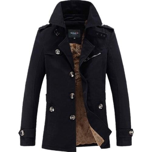 Mens Khaki Trench Jacket 2020 Autumn Winter Men Fleece Business Casual Overcoat Male Fashion Black Windbreaker Coat M-5XL