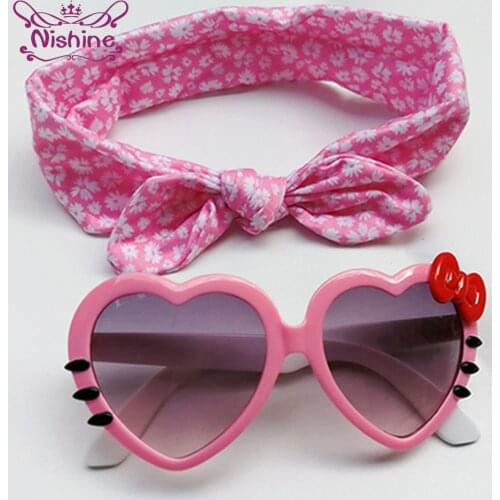 Nishine 2pcs/set Childrens Fashion Print Chiffon Hairband and Cartoon Sunglasses Set Cute Anti-UV Plastic Glasses Birthday Gift