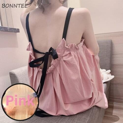 Nightgowns Women Spaghetti Straps Lace-up Sexy Backless Loose Cozy Sweet Korean Style Sleepwear Ulzzang Sleepshirts Mujer Home