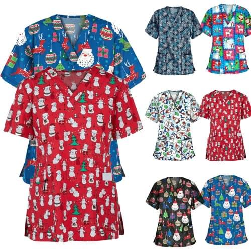 Newly Womens Nursing Scrub Tops Printed Uniform Merry Christmas Flowers Shirt Short Sleeve T-shirt DOD886