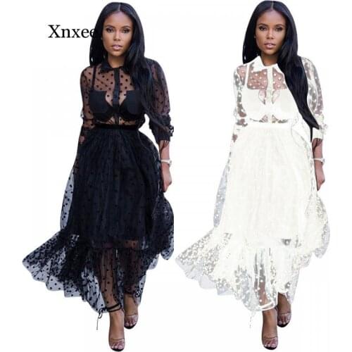 Solid Polka Dot Print Mesh Perspective Summer Lace Maxi Dress Women Ruffles Hem Casual See Through Vestido Robe Sundress Clothes