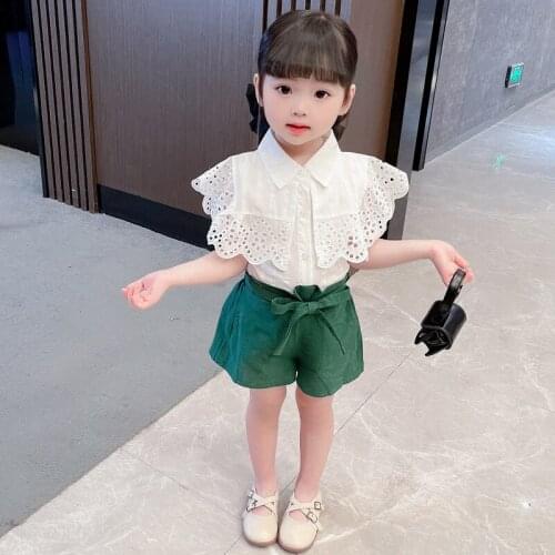 Solid Lace Girls Sets 0-7 Years Old Childrens Clothing Short Sleeve Turn-down Collar Baby Kids Summer Casual Clothes Two Pieces