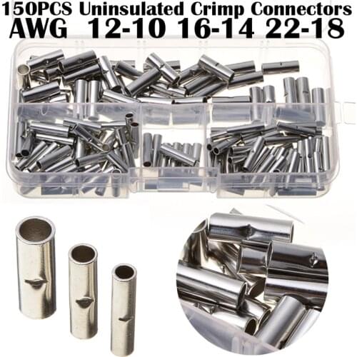 150Pcs Tin-coated Copper Material Uninsulated Terminal Bootlace Ferrules Cord End Electrical Cable Crimp Connector AWG 22-10