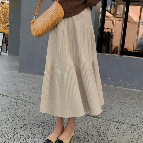Winter Thickened Rib Knitted Large Swing Maxi Long Skirts Elegant Solid A-line Pleated Knit Skirts Black Khaki e318