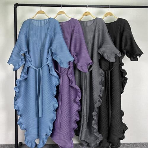 Miyake Womens Petal Pleated Dress Waist Belt Lapel Long Sleeve Cardigan Long Black Large Size Dress Winter Aesthetic Clothing