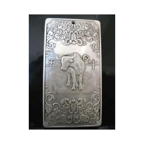 Elaborate Chinese Tibetan Silver "Chinese Zodiac - Cattle" Statue Amulet Auspicious Plate
