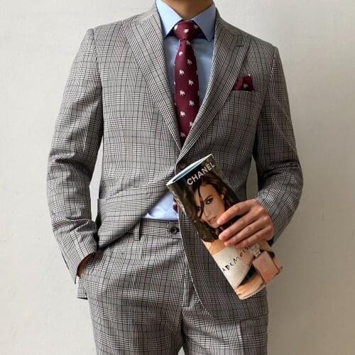 RICODESIGN mens slim fit business classic formal Gray Check suit two pieces handmade tailored customd