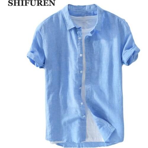 SHIFUREN Breathable Men Cotton Linen Shirts Short Sleeves Turn-down Collar Male Causal Social Dress Shirts Single Breasted