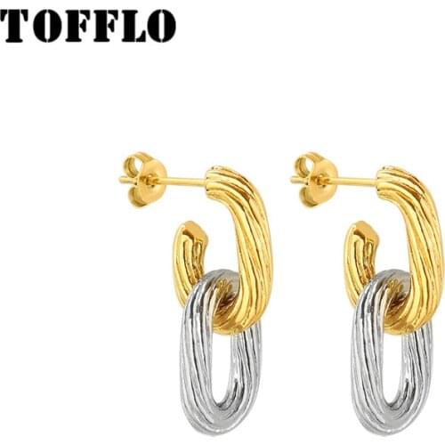TOFFLO Stainless Steel Jewelry Embossed Oval Shaped Ring Earrings Womens Fashion Double Earrings BSF405