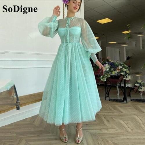 SoDigne Tulle With Stars Evening Dress High Neck Long Puff Sleeves Ankle Length Formal Gown Modest Prom Party Dresses