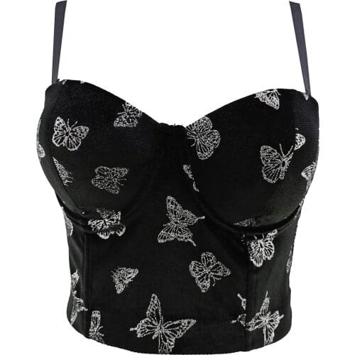 Corduroy Solid Embroider Butterfly Crop Top To Wear Out Autumn Corset Top Sexy Tops Women Bra Push Up Bustier Female Tops Mujer