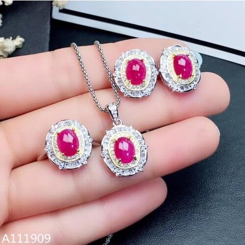 KJJEAXCMY boutique jewelry 925 sterling silver inlaid Natural ruby Ring Necklace Earring Suit Support Detection luxurious