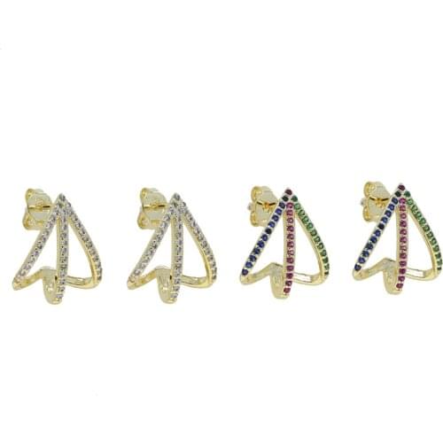 Wholesale Luxury Gold Color Fashion Rainbow CZ Paved Hollow Clasp Shape Stud Earring For Women Mom Mothers day Gift