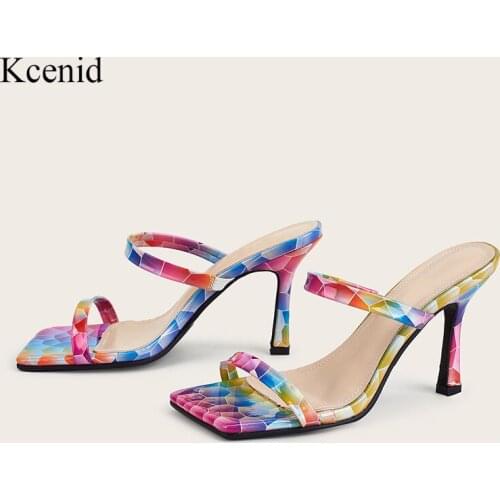 Kcenid 2020 New design women slippers multi color elegant square toe thin high heels 9CM slippers summer party slides shoes 42