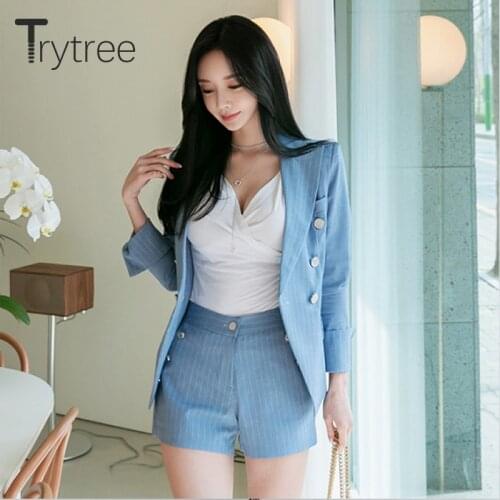 Trytree Summer Autumn Women two piece set Casual Striped Blue Belt Coat + Shorts Button Fly Office Lady Suit Set 2 Piece Set