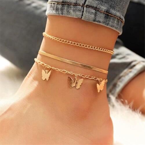 Fashion 2021 Boho Geometry Gold Snake Chain Butterfly Pendant Set Anklets For Women New Vintage Multilevel Anklet Jewelry Gift