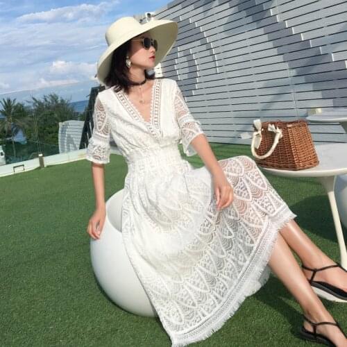Women Long White Lace Dress Summer 2021 Runway Elegant Vintage Korean Fairy Casual Sea Beach Vacation Party Vestidos New
